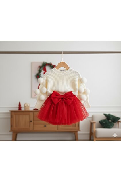 Set de tricotaje cu pompon și fustă tutu roșie pentru fetiță (postă un mesaj pentru vârsta 7-8 ani)