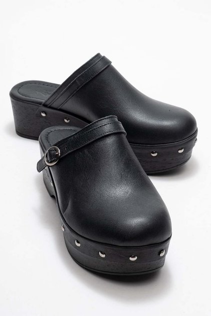 Beloni women's genuine leather clog slippers - black