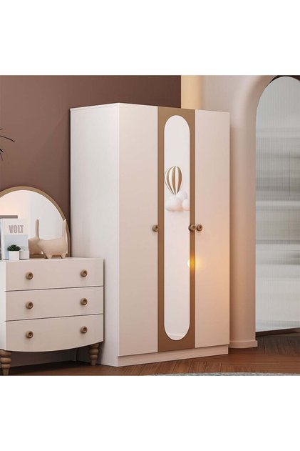 Caramel 3-Door Kids Wardrobe with Mirror - White & Brown, Engineered Wood, 7 Shelves, 120x56x200cm