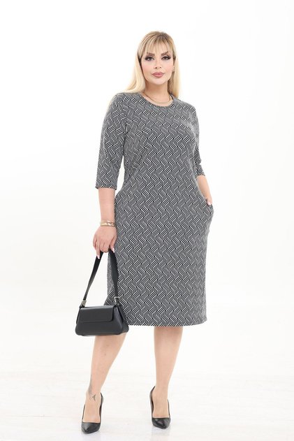 Rochie midi de iarnă cu modele, elastică, cu buzunare duble, mărime mare 7C-2734
