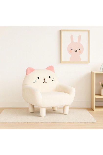 Kitty Kids Chair - White & Pink, Wooden & Fabric, 1-Seater, 58x58x63cm, 2-Year Warranty
