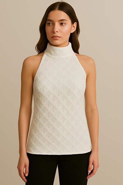 Halter Neck Fisherman Lightweight See-Through Slim Fit Sleeveless Blouse-White