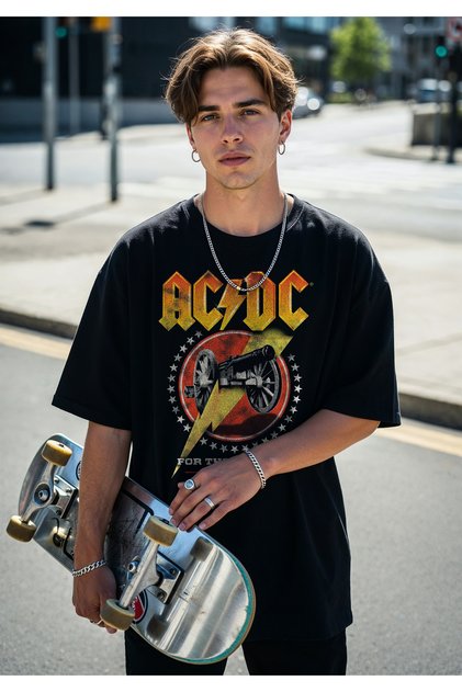 Freak Tshirt Siyah Renk AC/DC Baskılı Unisex Oversize Kesim Tişört