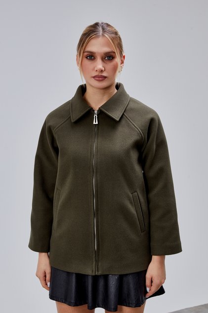 Khaki Oversized Zippered Cashmere Jacket