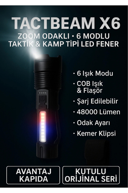 EMİN ENSAR HOME Şarjlı Zoom Led El Feneri 48000 Lümen Çelik Gövde