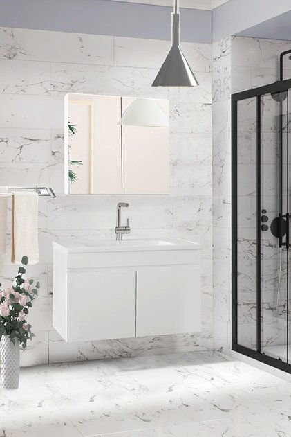 Viola Hes 80 cm Seramik Lavabolu MDF Banyo Dolabı seti Beyaz Hazır Kurulu