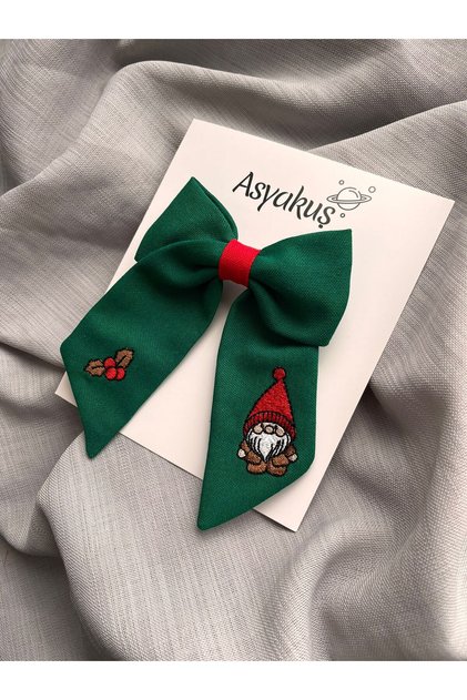 Green Christmas Gnome Embroidered Bow Children's Buckle