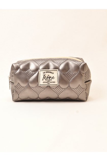 Heart Quilted Embroidered Metallic Colored Makeup Bag