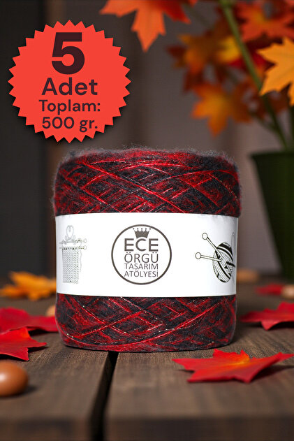Îm trepte cu viscoză roșie și neagră angora, cafea amară - fir de tricotat cu design învelit în sclipici auriu (500 gr.)