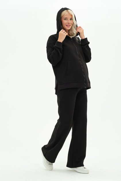 Maternity Adjustable Waist Front Zipper Hooded Tracksuit Set Black