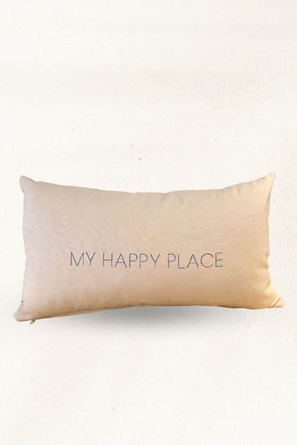 My Happy Place Embroidered Decorative Throw Pillow – Beige Fabric, Lettering Pillow