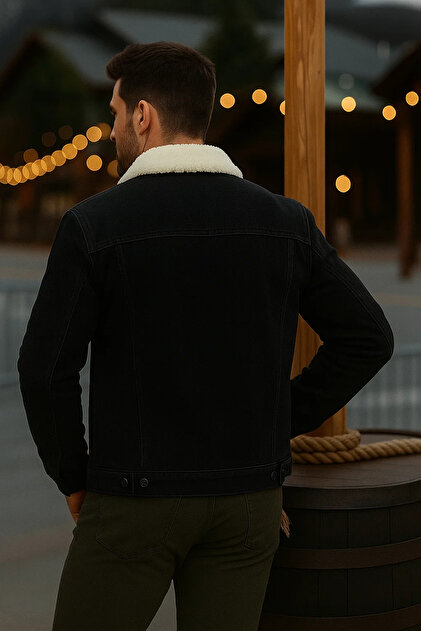 comstar Men's Winter Thick Casual Fur Lined Black Denim Jacket