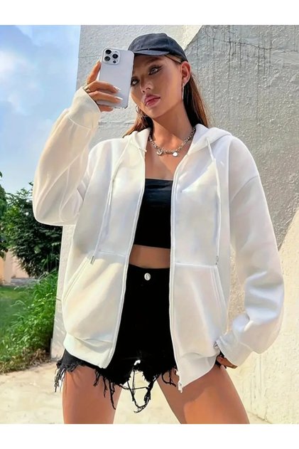 Women's Oversized White Zipper Hoodie Streetwear Hooded Cardigan