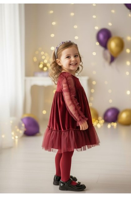 Burgundy Velvet Long Tulle Sleeve Girl's Dress with Ruffles on the Sleeves and Hem