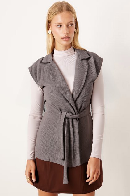 Women's Mink Men's Collar Waist Belted Linen Look Vest Arm-26K001055