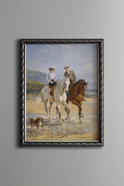 زوجان يركبان الخيل على الشاطئ - إطار منقوش بتصميم عتيق