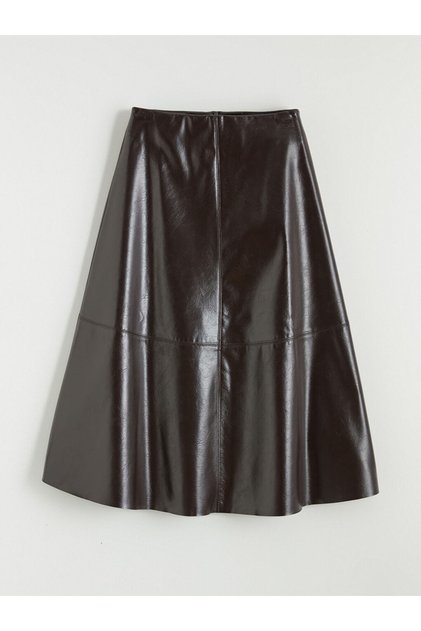 Brown Zippered A-Line Leather-Look Skirt