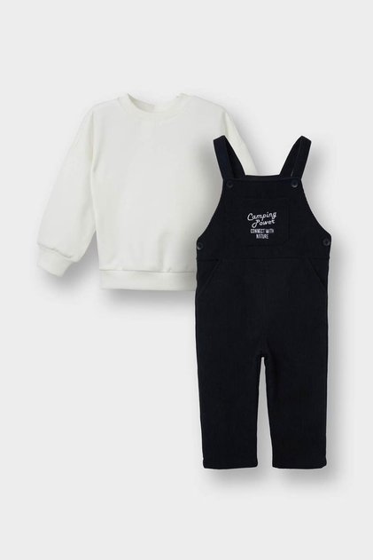 2-Piece Basic Sweatshirt Corded Fabric Velvet Salopet Navy Blue Baby Boy Top and Bottom Set G0084A5/Nv24