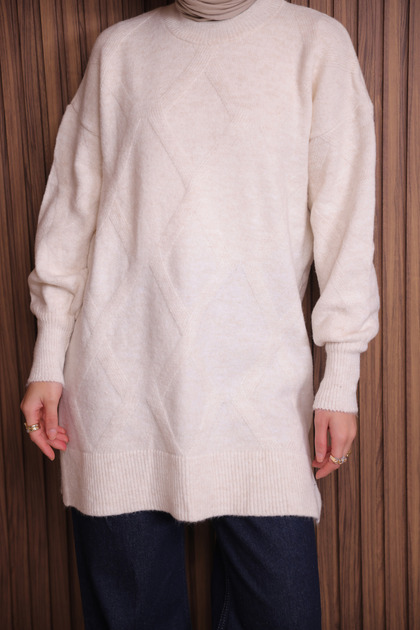Women's Crew Neck Diamond Pattern Soft Knitwear Tunic 3127