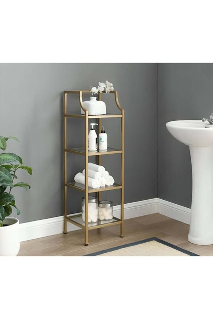 Gold storage unit with four glass shelves