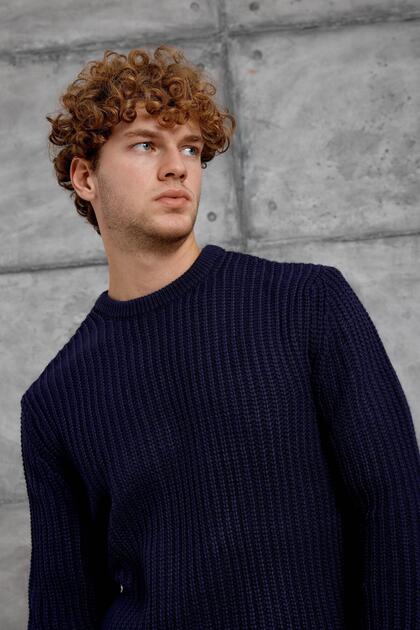 Men's Knitwear Mrk Cycling Collar Knitted Navy Blue Oversize Knitwear Fabric