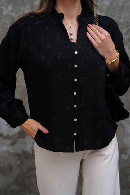 Floral Pattern Embroidered Buttoned High Neck 80% Cotton Blouse
