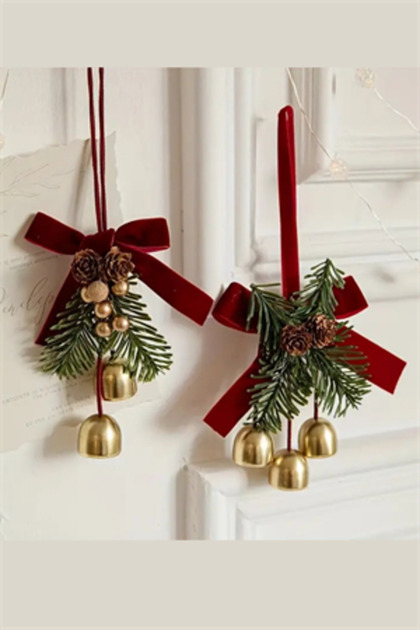 Red & Gold Christmas Door Ornament | Christmas Door Wreath with Double Bells and Burgundy Ribbon Detail Pine Cone