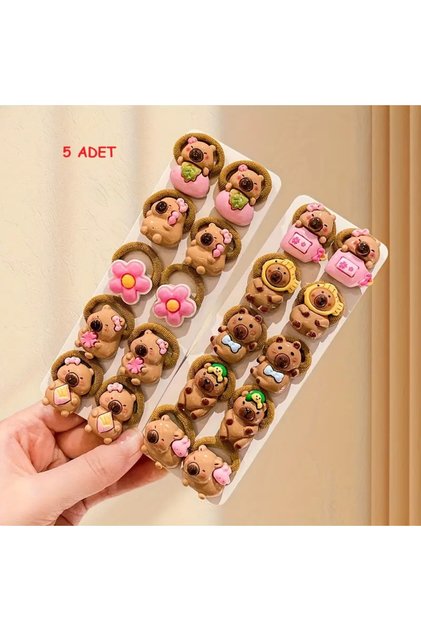 5 Cute Capybara Hair Ties, Pink, Beige Hair Clips with Flower and Animal Figures – January Trends