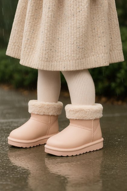Girls' Extra Lightweight, Flexible and Soft Cream Color Rain Boots with Fur Inside