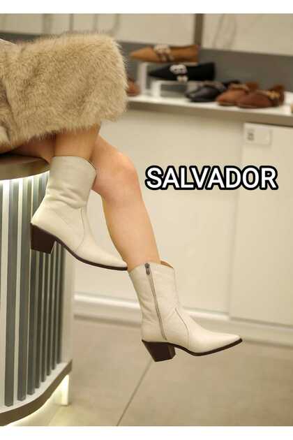 (Salvador) Real Leather Zipper Cowboy Boots Genuine Flotter Leather Women's Western Casual Boots Ecru