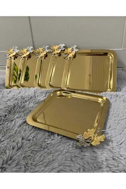 6LI LÜX KELEBEKLİ GOLD KARE SUNUM ÇAY NİŞAN DEKORATİF VE ÇOK AMAÇLI TEPSİ
