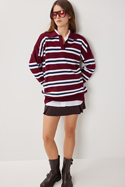 スノーボード EASY STRAY STRIPED ZIP POLO Lovelyİstanbul Polo Yaka Çizgili Oversize Triko Kazak LİY0014