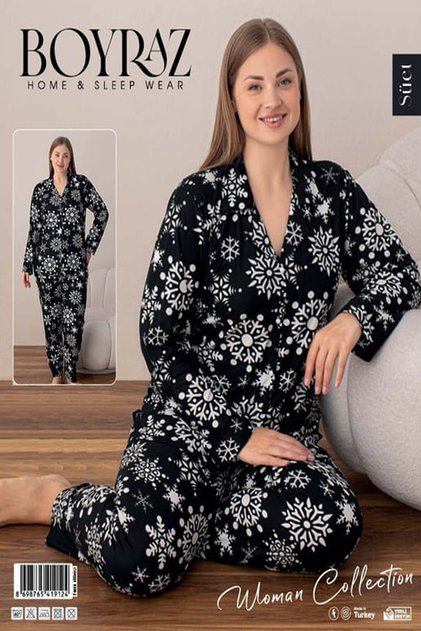 Women's Suede Dark Blue Buttoned Front Pajama Set-02075