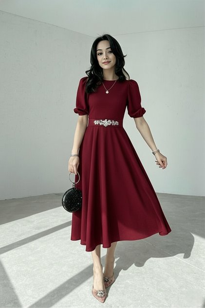 Rochie de seară de absolvire, cu mâneci tip pepene verde, roșu burgundă, lungime midi