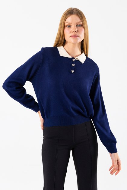 Women's Polo Neck Button Detailed Knitwear Sweater Navy Blue - 25K 2546