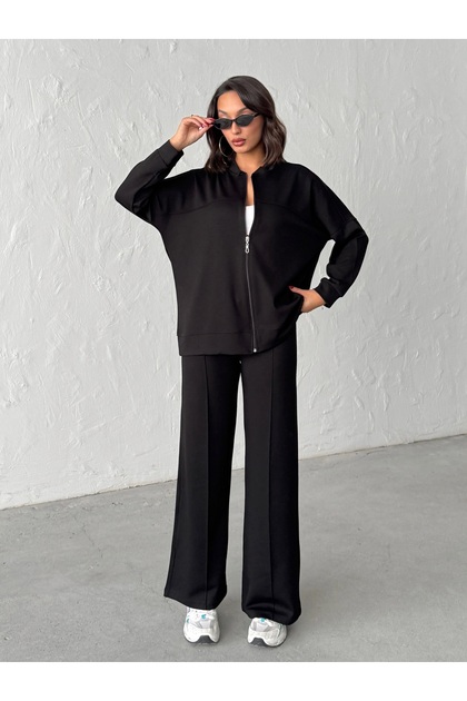 Women's Black Soft Modal Textured Oversized Piece Top and Bottom Set, Bjn696, S