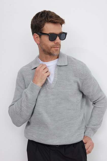 Men's Slim Fit Slim Fit Polo Neck Gray Sweater