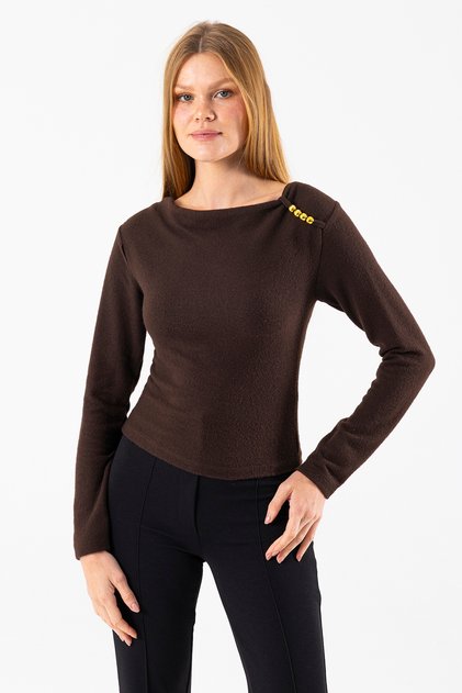 Women's Asymmetrical Collar Shoulder Accessory Detailed Bodysuit Brown - 26100