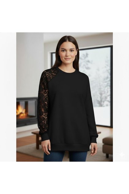 Black Lace Detailed Sweatshirt – Stylish and Comfortable Casual Women's Top – Soft Fabric