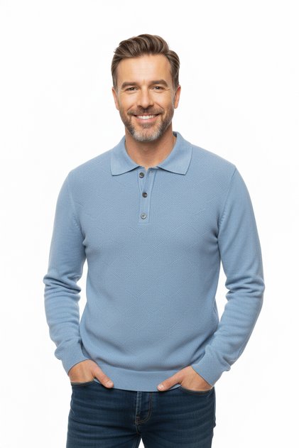 Erkek Desenli Polo Yaka Çıtçıtlı Kazak | %70 Pamuk