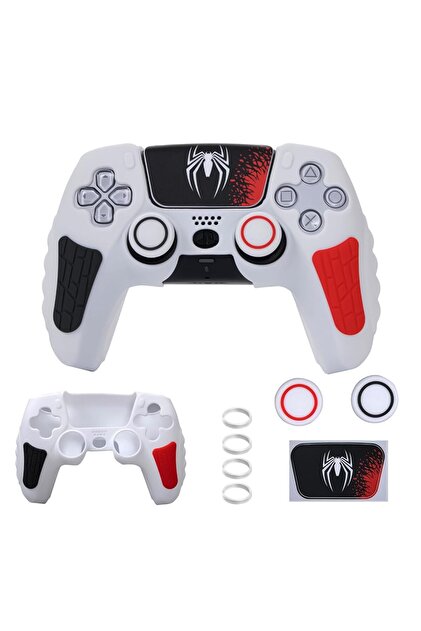 Ps5 Dualsense Silikon Kılıf Beyaz-Kırmızı Spider Desen + 2 Thumb + Sticker + Analog Rings