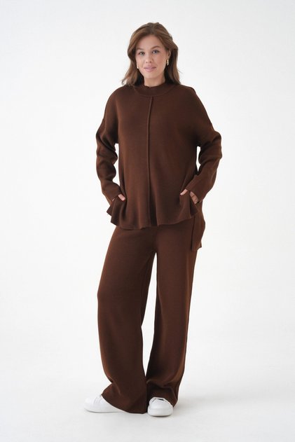 Women Mock Neck Slit Sweater Pants Knitwear Top-Bottom Set