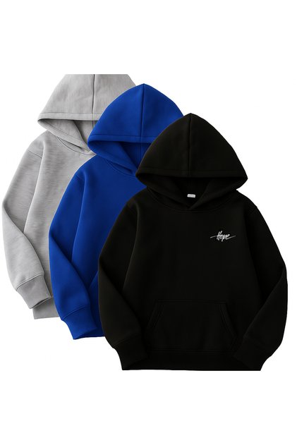 3-Piece Hooded Sweatshirt Set- Minimal Hope Printed - Black, Cobalt Blue, Gray Winter Fleece-Lined Fabric