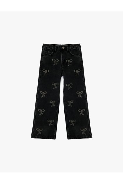 Cotton Bow Detail Wide Leg Denim Pants
