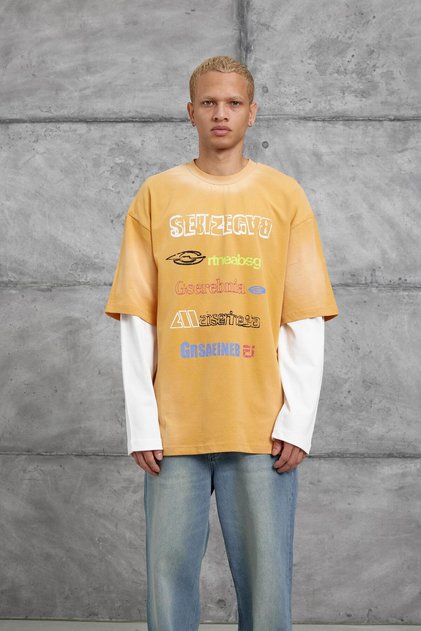Men's Sweatshirt Sebızegva Part Sleeve Sweatshirt Mustard Oversize Printed Crew Neck