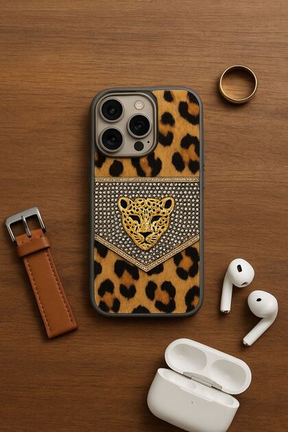 iPhone 14 Pro Max Gray Color Leopard Patterned Feather Stone Phone Case