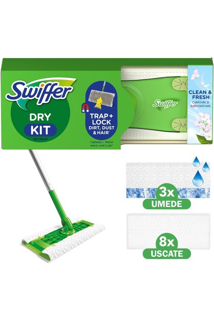 Βασικό κιτ σφουγγαρίστρας Trap & Lock Dry/Wet Mop 1, 8 ανταλλακτικά στεγνού πανιού + 3 ανταλλακτικά υγρού πανιού