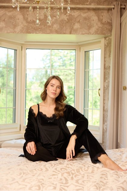 Women's French Velvet 3-Piece Stylish Strap Black Pajama Set - 5545