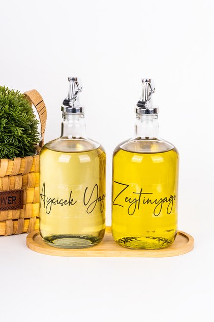 2'li 750 ml Bambu Stanlı Cam Yağdanlık Seti Gri Tıpalı Ayçiçek & Zeytinyağı Etiketli Yağlık Sosluk
