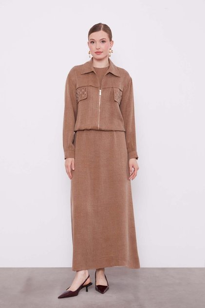 Camel Stone Detailed Zippered Jacket Set
